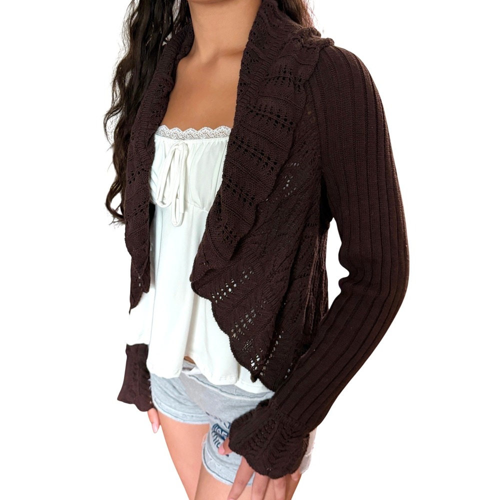 Kenar Vintage Y2K Chocolate Brown Crochet Open Front Cardigan Sweater Sz M Boho